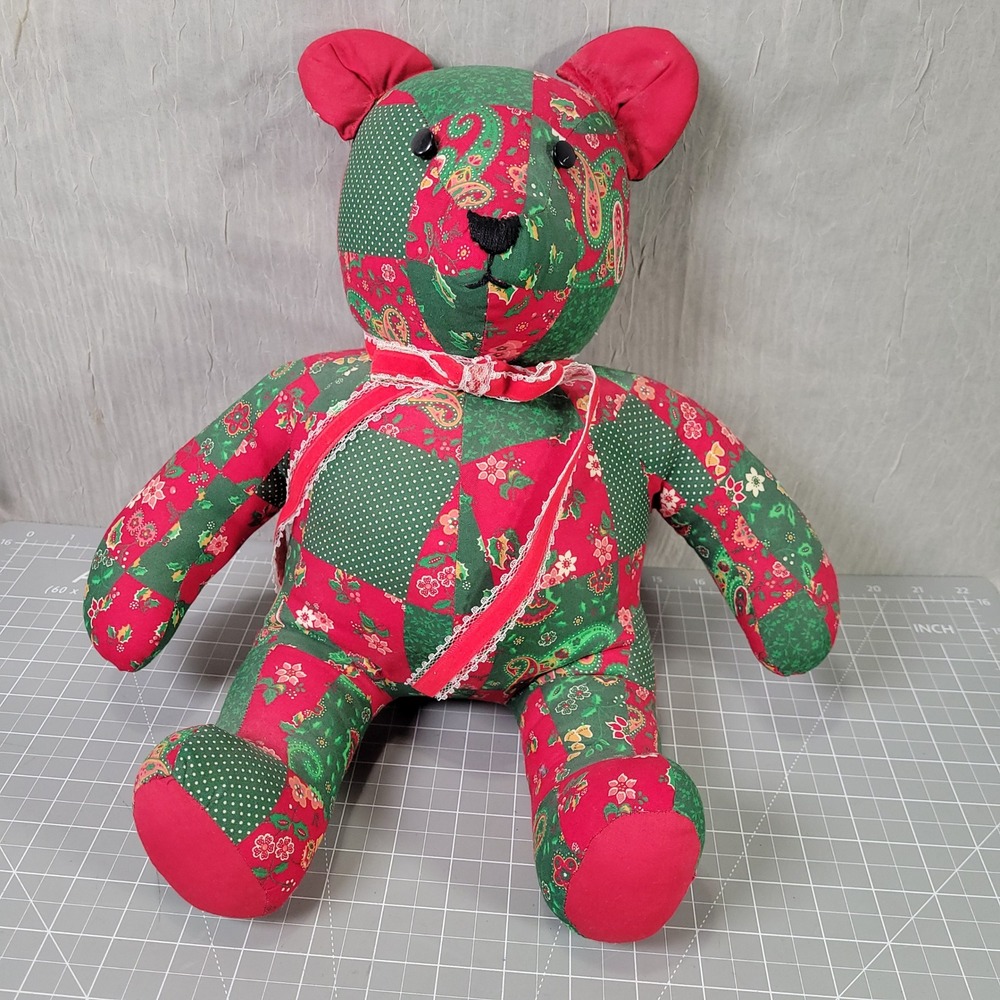 Handmade Patchwork Teddy Bear Plush 16" Red Green Christmas Paisley Floral Bear